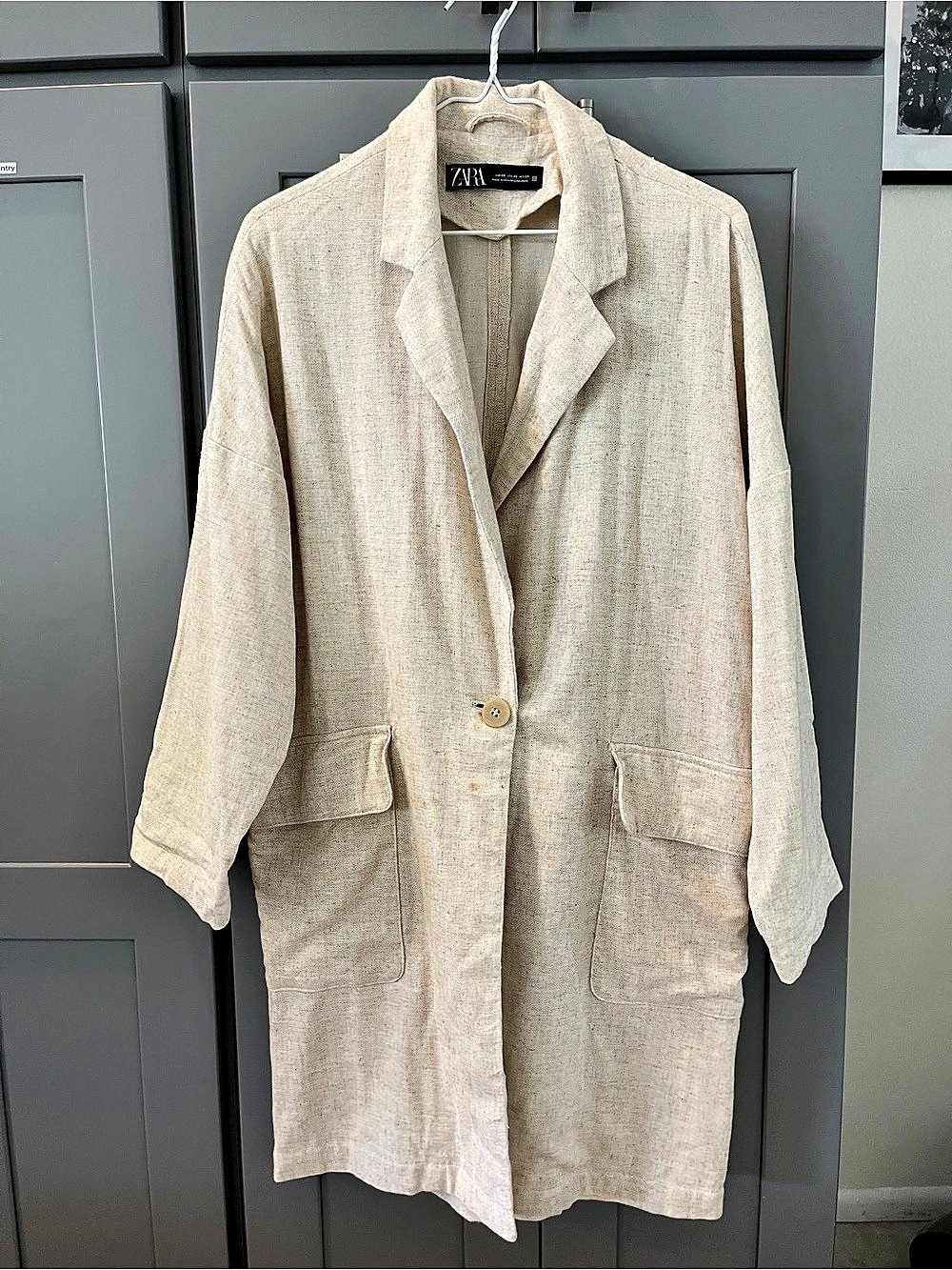 Zara Linen Blend Long Blazer Beige Size Medium